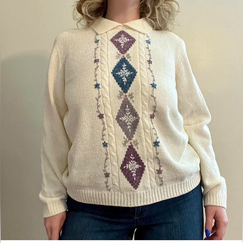 Alfred Dunner Cream Sweater with Geometric Accents
